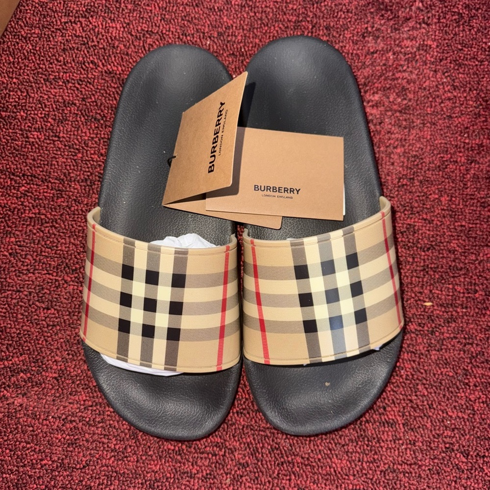 Burberry Beige and Black Plaid Slides